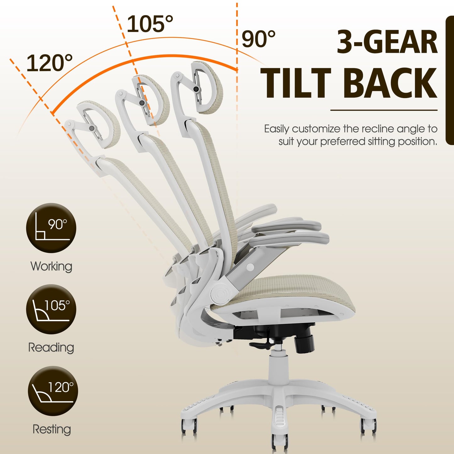 GABRYLLY Ergonomic Office Chair, High Back Home Desk Chair with Headrest, Flip-Up Arms, 90-120° Tilt Lock and Wide Cushion, 300LBS Mesh Chairs for Man Woman, White Task Chair(Beige,GY01WBG)