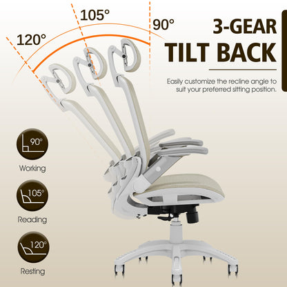 GABRYLLY Ergonomic Office Chair, High Back Home Desk Chair with Headrest, Flip-Up Arms, 90-120° Tilt Lock and Wide Cushion, 300LBS Mesh Chairs for Man Woman, White Task Chair(Beige,GY01WBG)