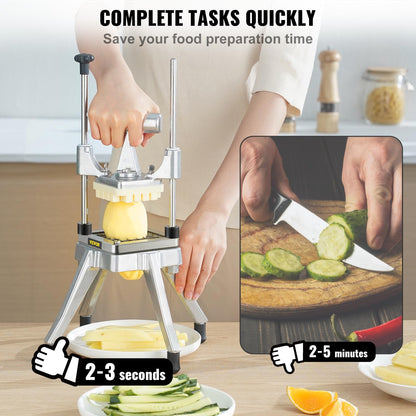 VEVOR Commercial Vegetable Fruit Chopper, Stainless Steel French Fry Cutter w/ 4 Blades 1/4" 3/8" 1/2", Vegetable Chopper Dicer w/Stainless Bowl, Heavy Duty Cutter for Potato Tomato Onion Mushroom