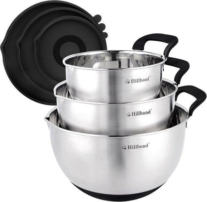 Hillbond Stainless Steel Mixing Bowls Set - 3 Bowls with Lids, Pour Spout & Non-Slip Bottoms | Black