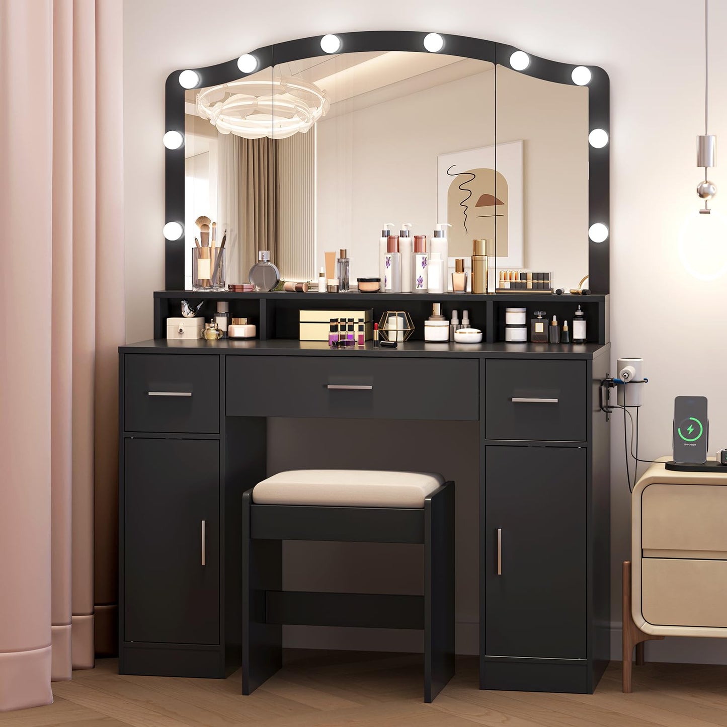 GarveeHome Makeup Vanity Desk with Mirror and Lights, Makeup Vanity Set with 3 Drawers, 2 Cabinets & Stool, Make Up Table with Power Outlet, for Bedroom, Dressing Room (Black)