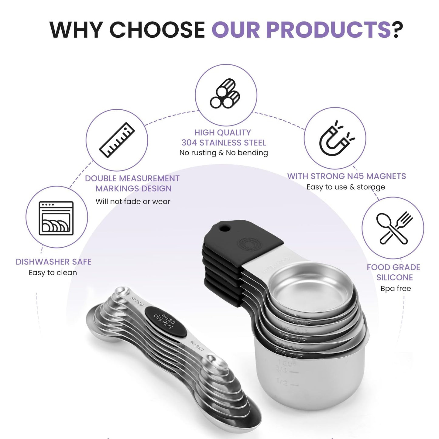 Magnetic Measuring Cups and Spoons Set-Heavy Duty 304 Stainless Steel，Double Measurement Markings，Set of 16 with Leveler for Measure Dry and Liquid Ingredients (Black)