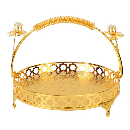GLOGLOW Vintage Round Fruit Tray with Handle, 10.2 Inch Metal Dessert Platter Gold Cupcake Stand for Wedding Birthday Party Afternoon Tea Candy Cookies