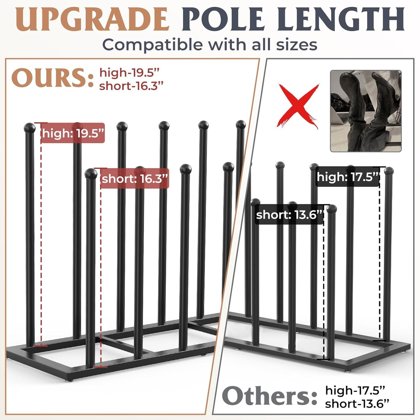 19.5 Inches 6 Closet, HzTinT Boot Rack, Boot Rack Organizer Tall Boots, Stainless Steel Boot Storage Holder, Free