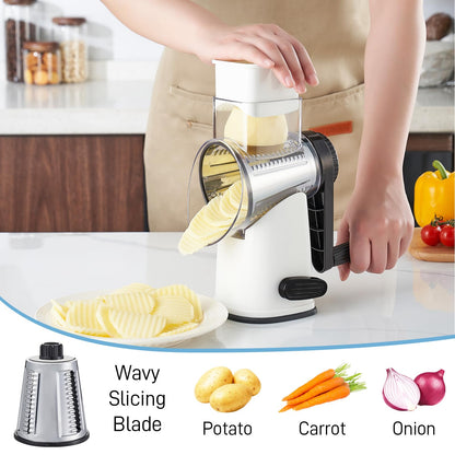 VEKAYA Rotary Cheese Grater Hand Crank with 4 Interchangeable Stainless Steel Blades, Large Manual Handle Shredder and Waffle Slicer for Vegetables, Cheese and Nuts with Table Suction Base(White)