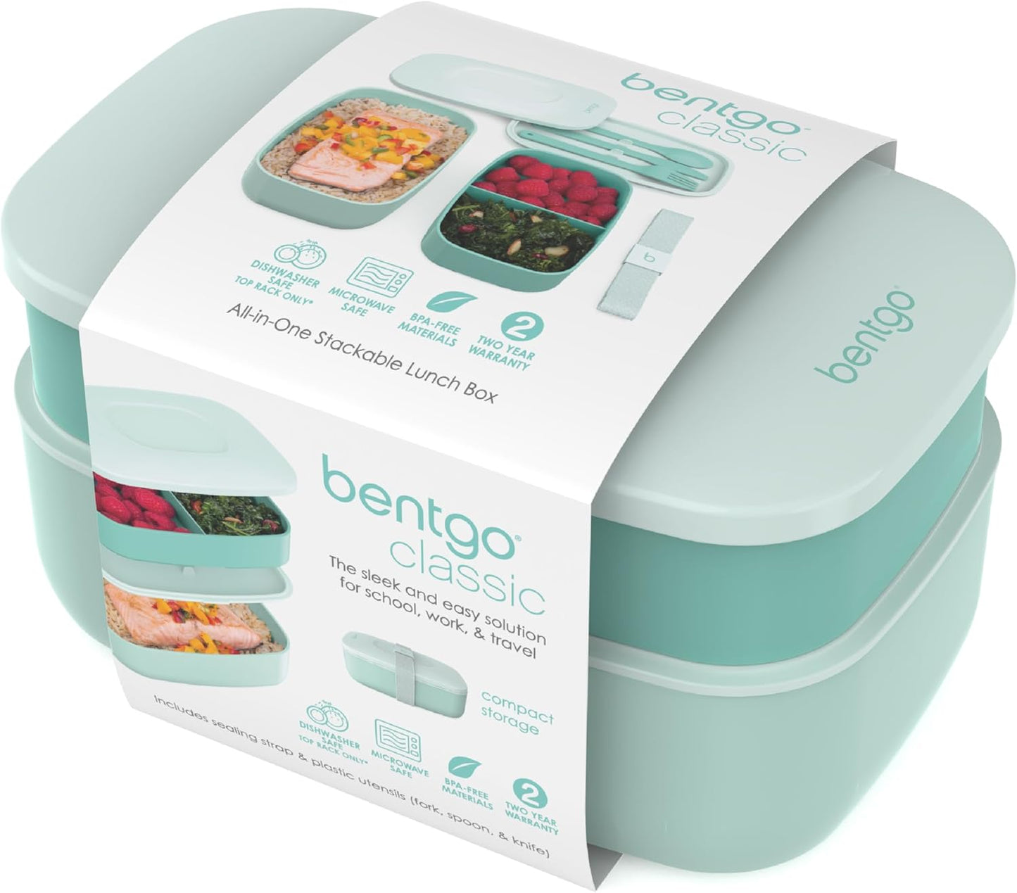 Bentgo Classic Adult Bento Box, Stackable 3-Compartment Lunch Box with Removable Utensil Set, BPA-Free (Coastal Aqua)