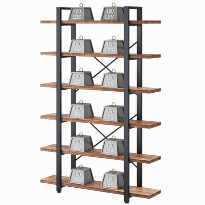 HSH 6 Tier Solid Wood Bookshelf, Industrial Wood and Metal Tall Large Etagere Bookcase and Storage Shelves, Rustic Open Natural Real Wooden Book Shelf for Bedroom Living Room, Distressed Brown