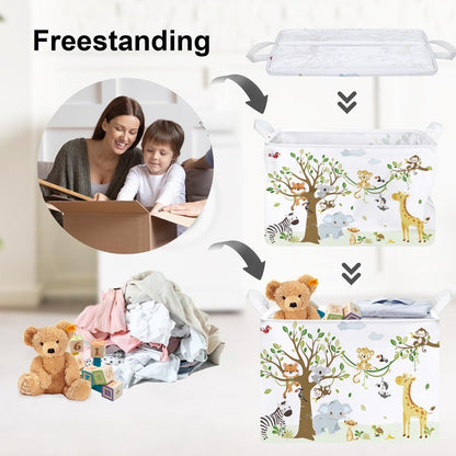 Clastyle 36L Woodland Vine Animal Tree Nursery Decor Baby Basket Collapsible Rectangle Giraffe Monkey Tiger Clothes Toy Book Shelf Basket