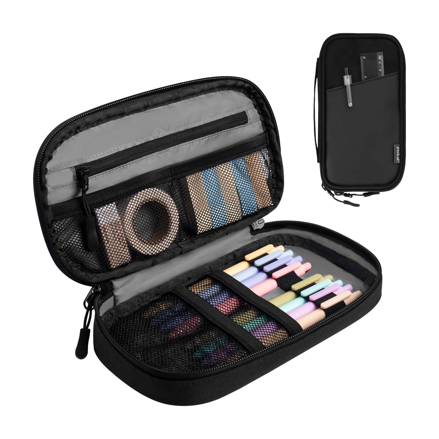pack all Plus Pencil Pen Case Bag, Large Pencil Pouch with Zipper, Portable Stationery Bag Makeup Bag, Pencil Bag Holder Box for Home Office(Black)