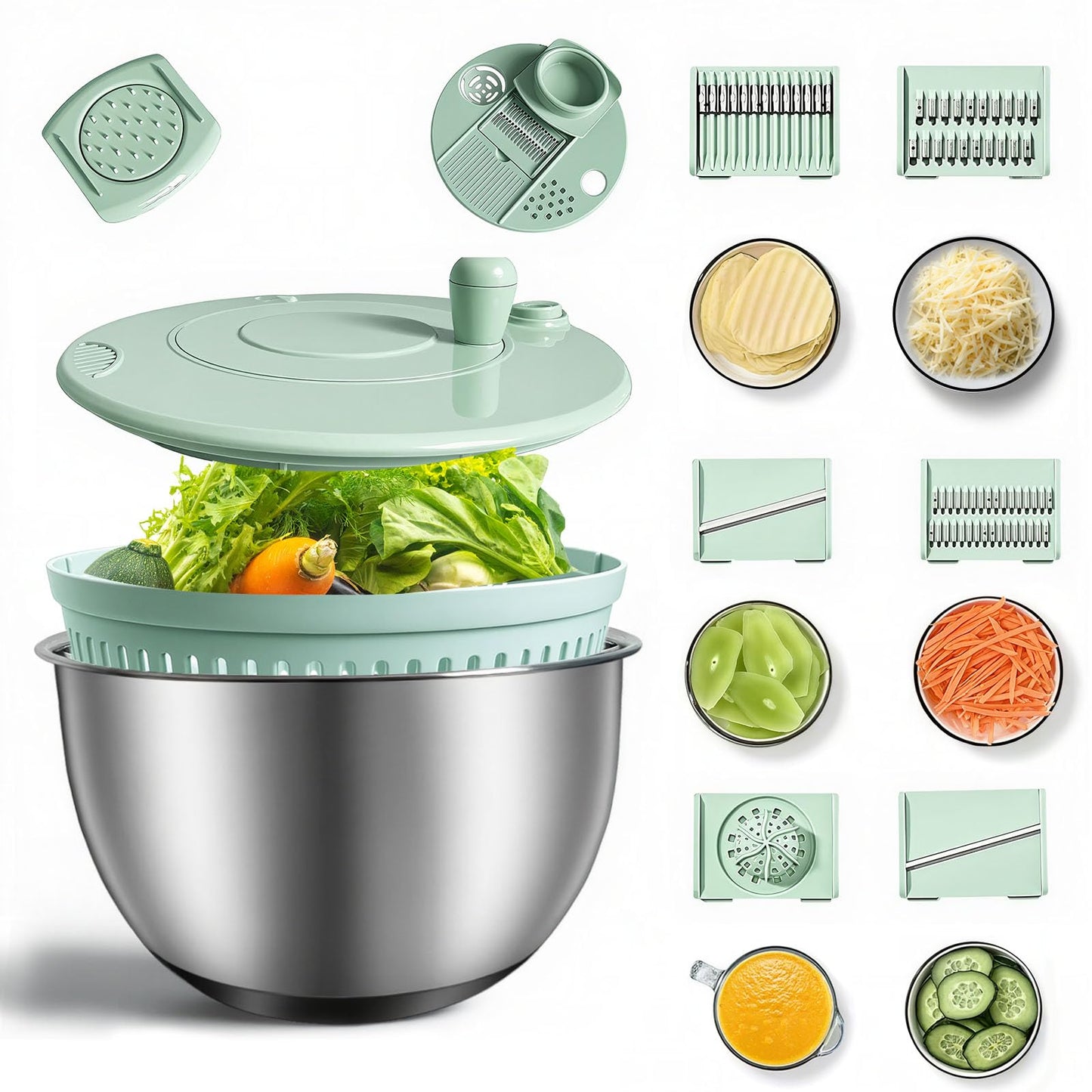 Stainless Steel Salad Spinner 3-in-1, One-Touch Stop and Non-Slip Base, Vegetable Dryer for Kitchens, Parties, and Health-Conscious People, 5.3 Qt