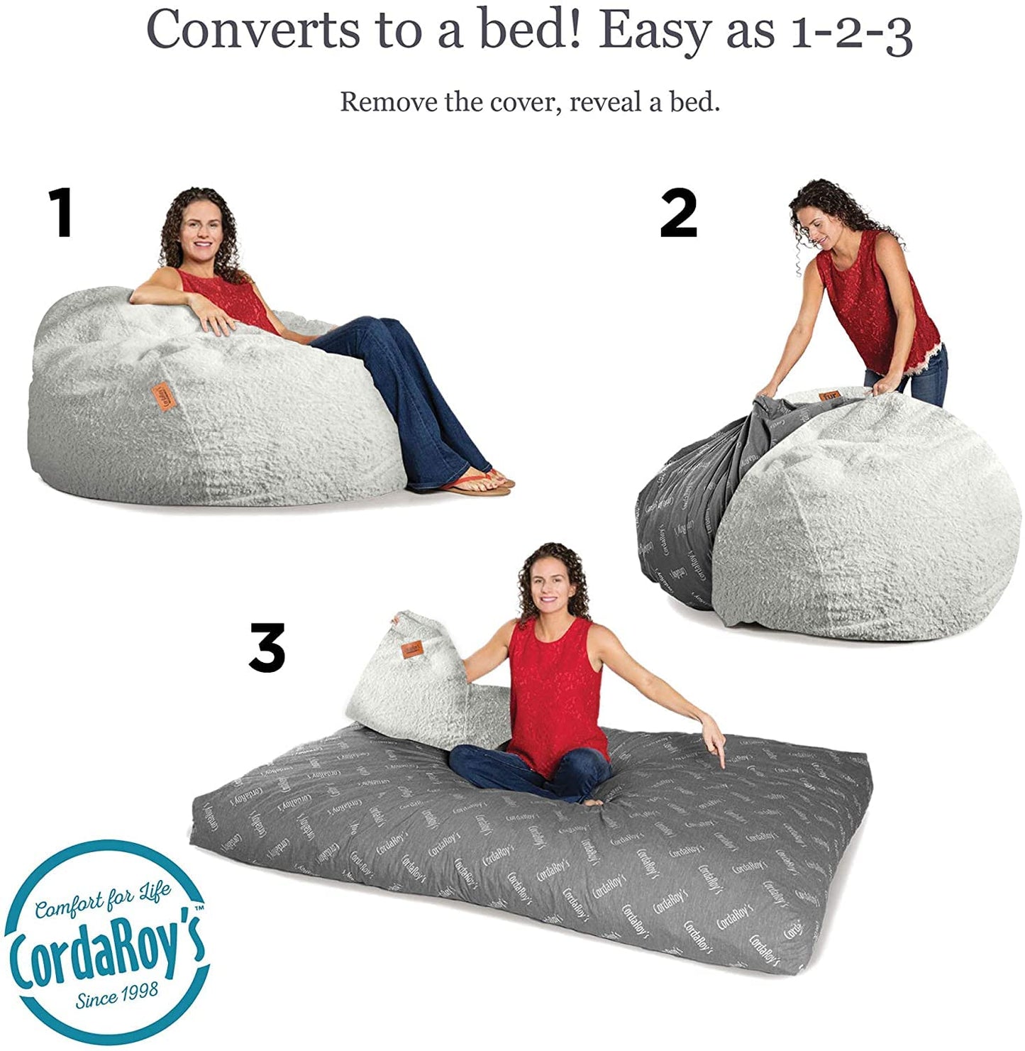 CordaRoy's Faux Fur Bean Bag Chair, Convertible Chair Folds from Bean Bag to Lounger, As Seen on Shark Tank, White - King Size