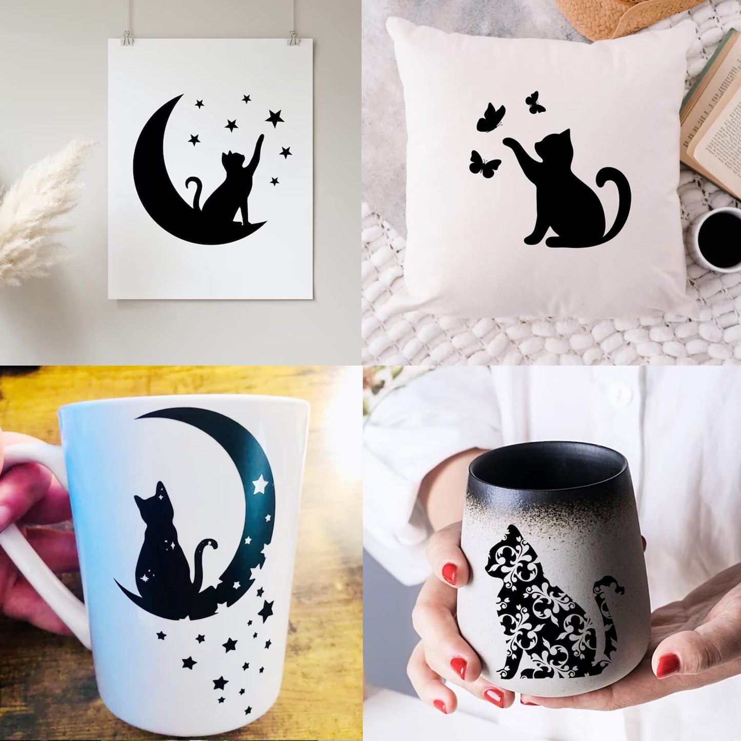14 Pcs Cat Stencils for Painting on Wood Canvas Shirt, Small Large Flower Moon Cat Stencil Plastic Shirt Fabric Stencils for Painting on Wall Wood Burning Craft Fabric(cat)