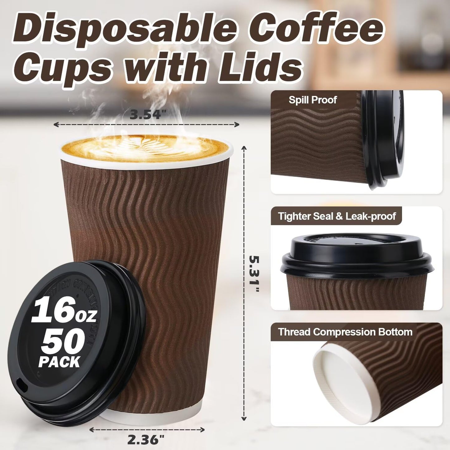 Huifany 16 oz Coffee Cups with Lids 50 Pack, Disposable Coffee Cups with Lids, Insulated To Go Paper Coffee Cup for Hot Cold Drinks