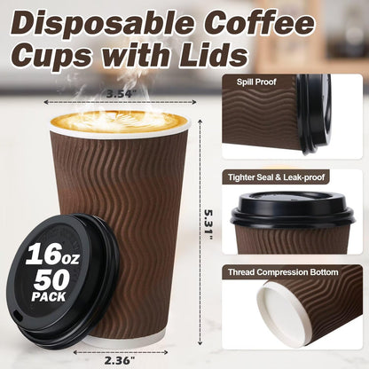 Huifany 16 oz Coffee Cups with Lids 50 Pack, Disposable Coffee Cups with Lids, Insulated To Go Paper Coffee Cup for Hot Cold Drinks