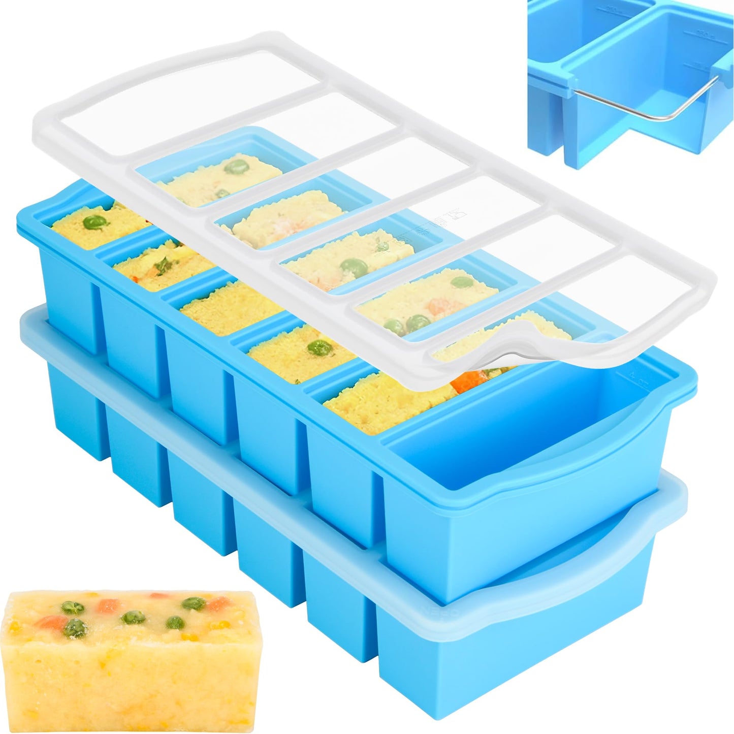 Silicone Freezer Molds with Lids, 1/2 Cup Soup Freezer Container Reinforced Steel Ring Top for freezing Soup Sauce Broth Leftovers, Silicone Freezer tray 2-Pack, Oven & Dishwasher Safe