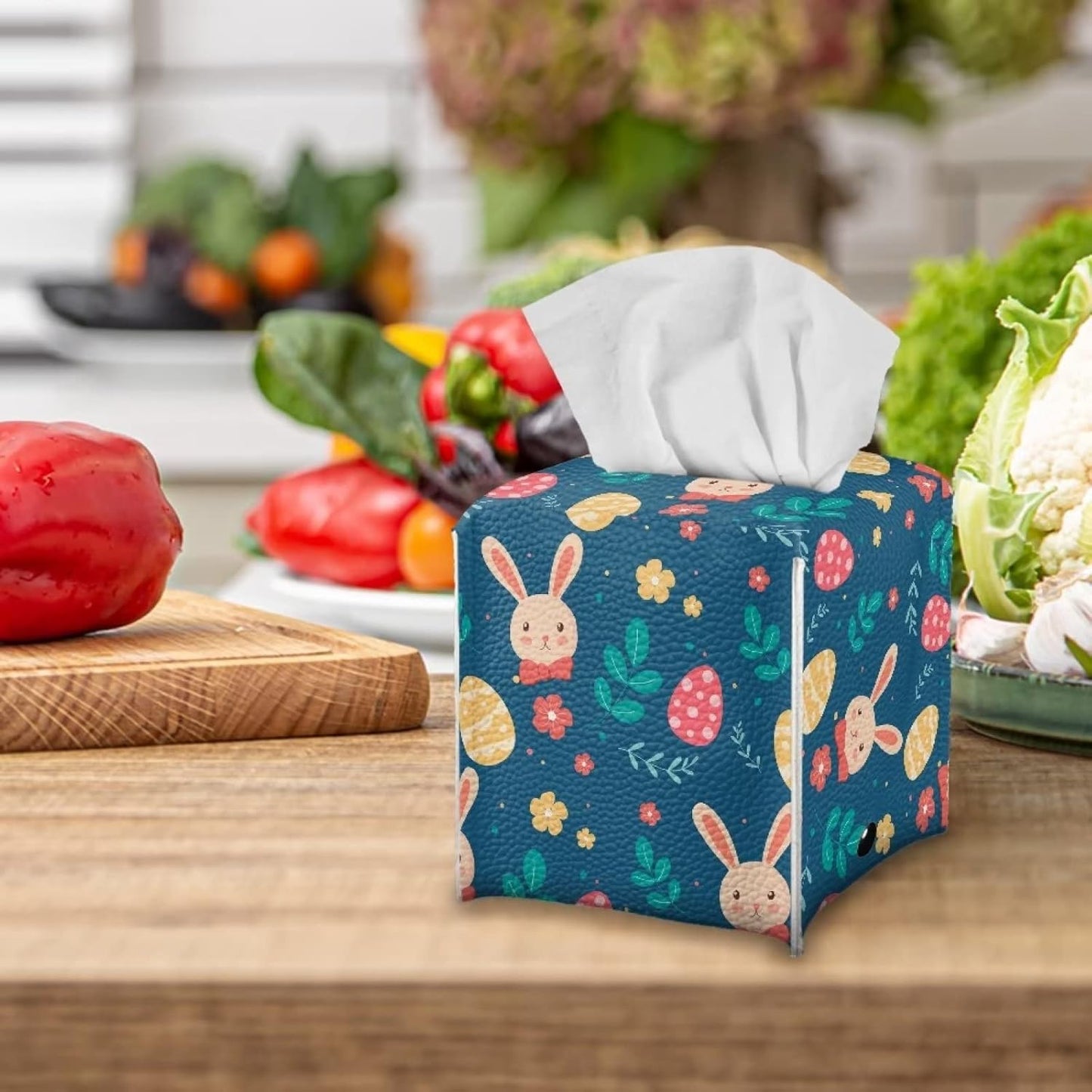 Biyejit Cute Easter Rabbit Eggs Tissue Box Cover, Square PU Leather Holder with Bottom Strap for Bathroom, Vanity, Desk