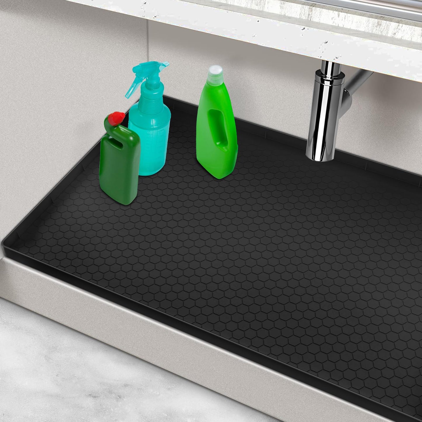 Under Sink Mats for Kitchen Waterproof, 34" x 22" Silicone Under Kitchen Sink Mats and Protectors for Cabinets, Under Sink Tray Organizer, Shelf Liners Cabinet Liner for Kitchen and Bathroom, Black