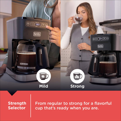 BLACK+DECKER CAFÉCRAFT 12-Cup Programmable Coffee Maker, Stainless Steel Drip Coffeemaker with Vortex Showerhead, Strength Selector, Sneak-A-Cup, Keep Warm