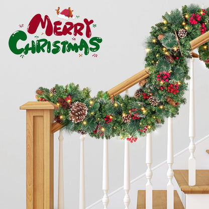 TigeJoy 9FT Luxury Prelit Christmas Garland with Warm White LED Timer Lights, Snow Cedar Garland with Red Berries, Mixed Pinecones, 8 Modes 3AA Battery Operated Xmas Decor for Fireplace Doorway Porch