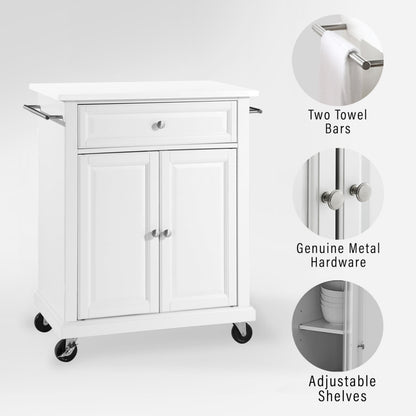 Crosley Furniture Compact Stone Top Small Rolling Cart with Shelves, Microwave Stand with Towel Rack, White
