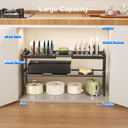 Mustorn Pots and Pans Organizer Under Cabinet, Expandable 2 Tier Under Sink Organizers and Storage Adjustable Height Kitchen Pot and Pan Lid Holder Rack with 12 Dividers Under Cabinet Shelf(Black)