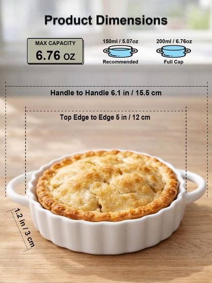 Yamteck 5in Ceramic Mini Pie Pan Set of 6 with Handles for Pie Quiche Tart. Easy to grip, Lead-Free. 8 oz Ramekins Dish for Creme Brulee, Soufflés; Gifts for Baking Enthusiast. Oven Dishwasher Safe