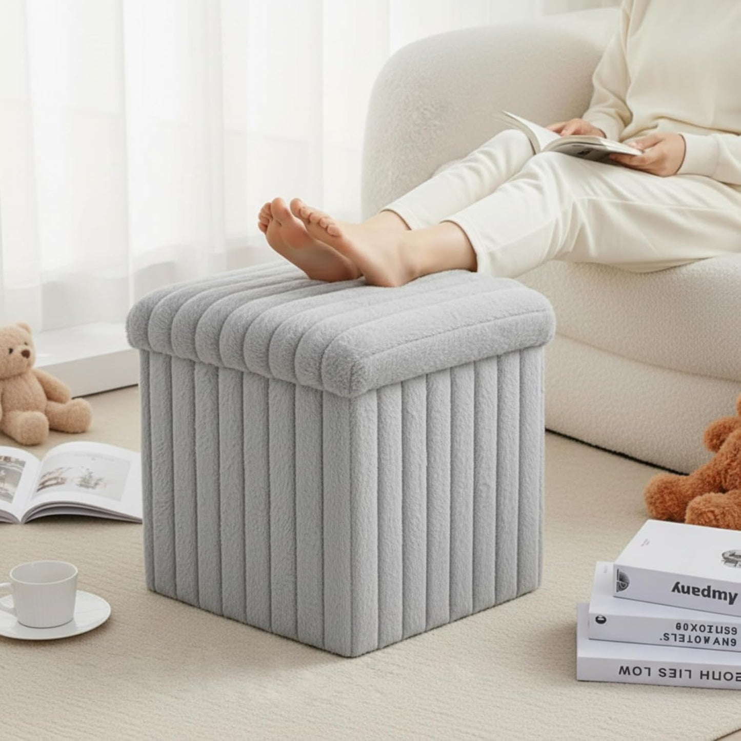 15x15x13 Inch, 265lbs Wenqik Grey Storage Ottoman Cube, Fluffy and Furry Grey Square Foot Rest Stool, Foldable Storage