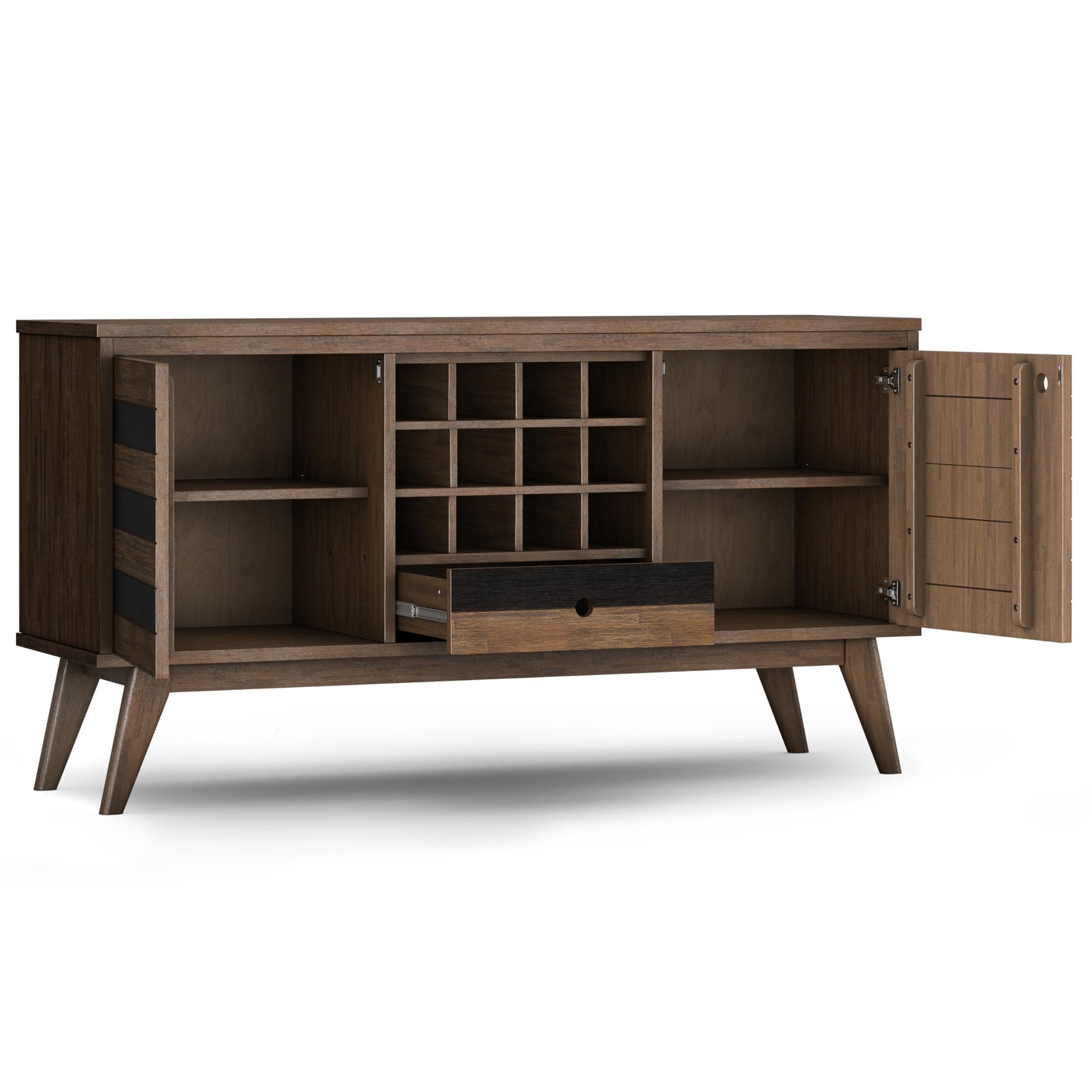SIMPLIHOME Clarkson Buffet - 60 inch Wide Solid Acacia Wood 3-Door Sideboard Buffet in Rustic Natural Aged Brown, Mid-Century Cabinet for Dining Room or Kitchen with Wine Storage and Open Shelf