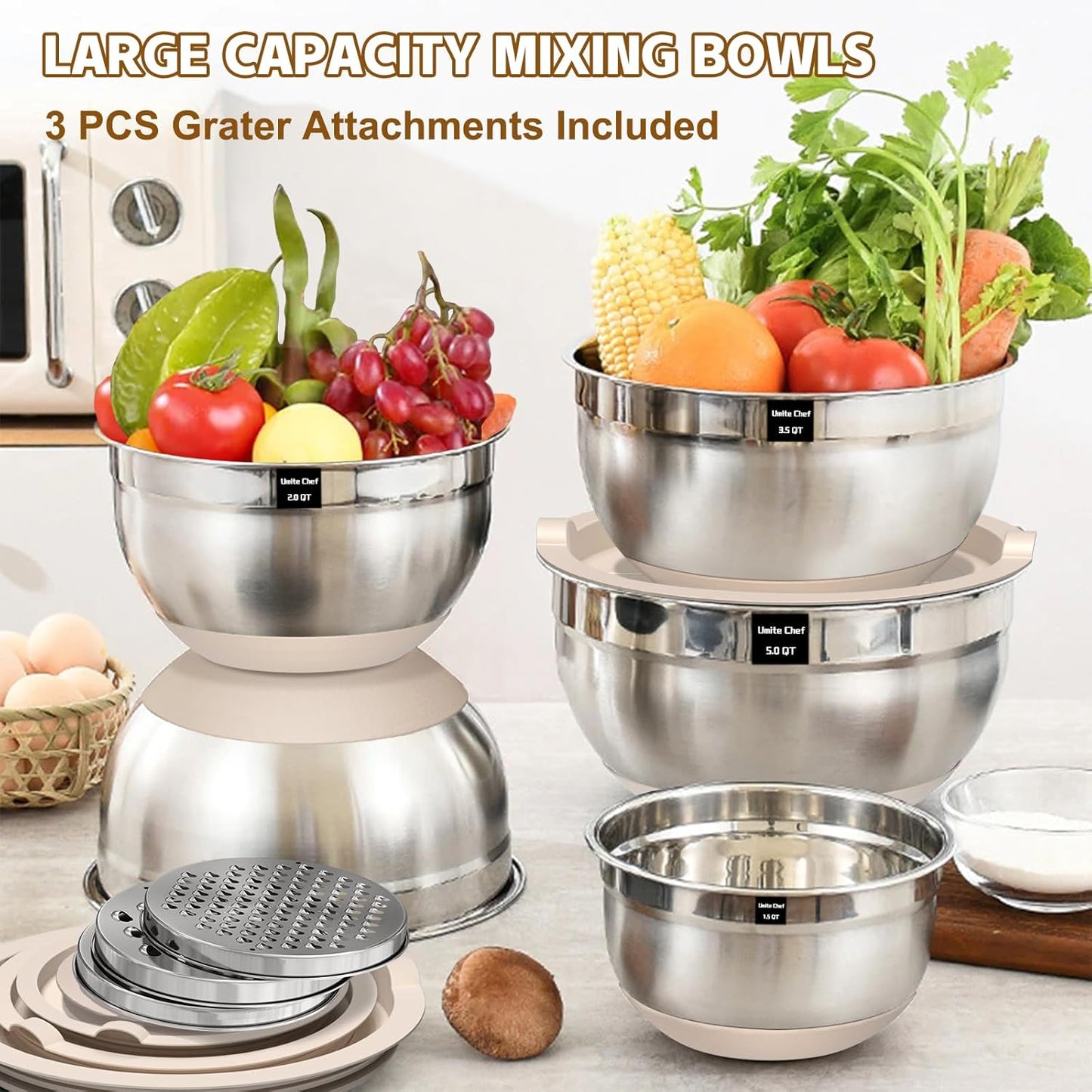 Umite Chef Mixing Bowls Set - 8PCS Stainless Steel Nesting Bowls with Airtight Lids & Grater | Non-Slip Bottoms, 1.5QT to 5QT