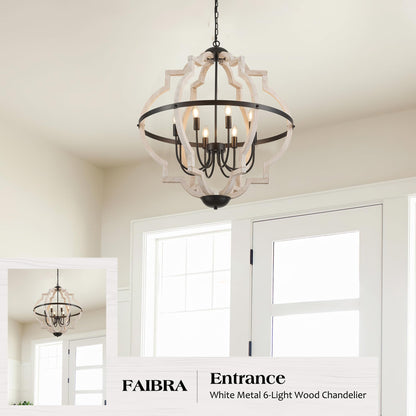 Faibra 8-Light Wood Pendant Light,31.96'' Vintage Rustic White Wood Chandeliers,Retro Industrial Hanging Light Fixtures for Dining Room Entryway, Bedroom