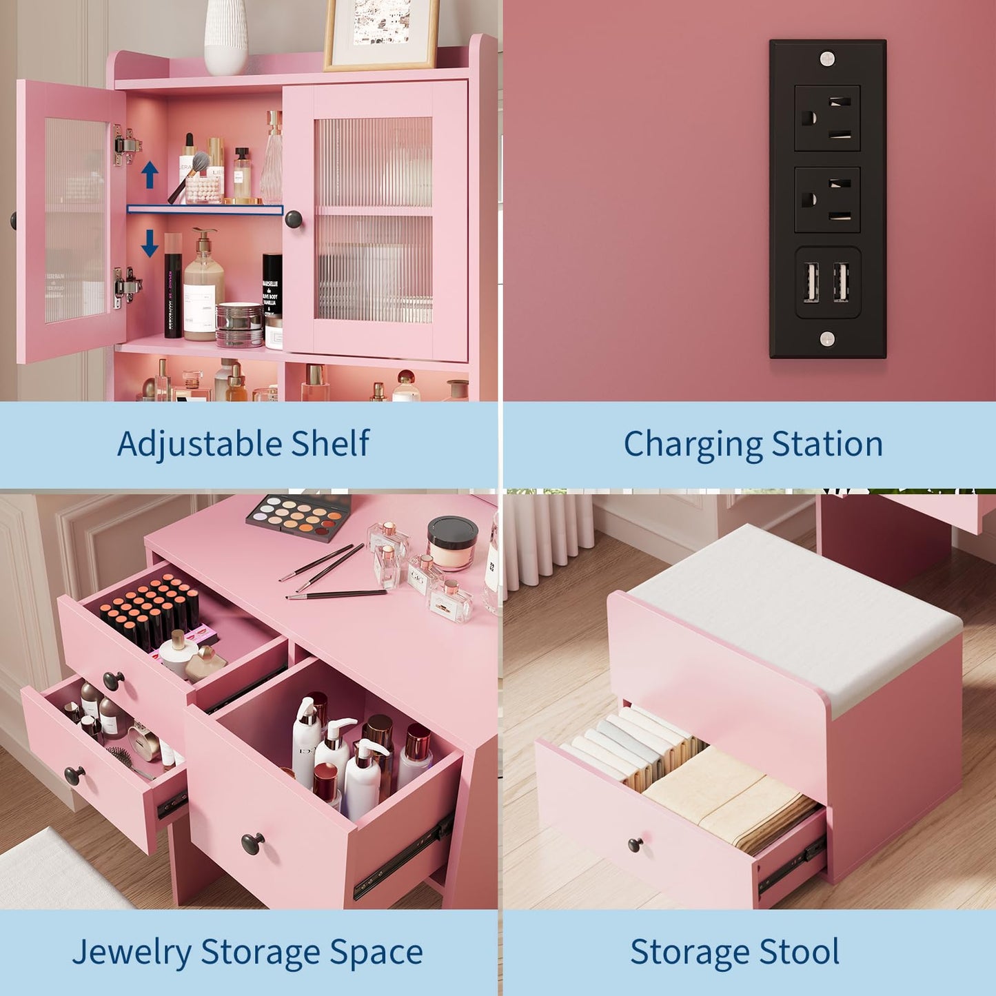 Hetoy 3-in-1 Vanity Desk with Sliding LED Mirror, AC Outlets & USB-C, 4 Drawers, Acrylic Doors, Storage Stool, Cushioned Chair - Complete Makeup Dressing Table Set for Bedroom - Pink