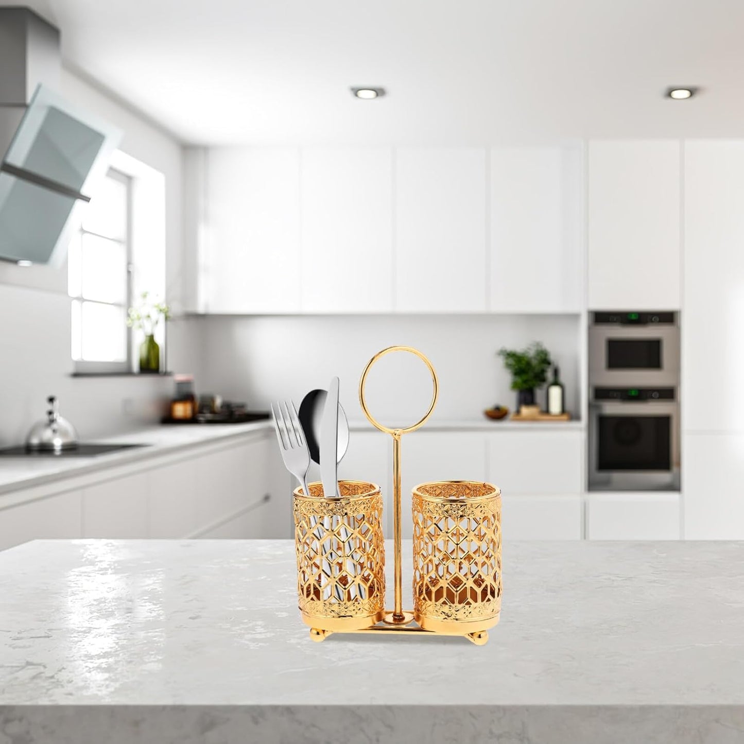 Hemoton Golden Utensils Holder, Rotating Metal Silverware Organizer, Cutlery Holder for Countertop and Buffet