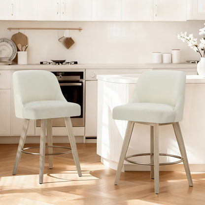 Counter Height Bar Stools Set of 2, Modern Swivel Barstools with Back and Wood Legs, Fabric Upholstered Bar Chairs, 26" Seat Height Counter Stools for Kitchen Island,Ivory