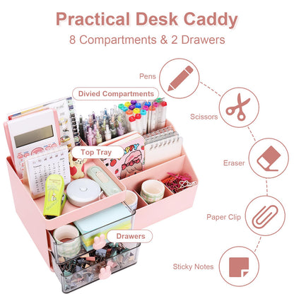 Meiikun Desk Organizer, Makeup Organizer with 2 Drawers, 7 Compartment & a Top Tray, Desktop Organizers and Storage for Women, Cute Home organization Bathroom, 11" x 5.7" x 4.7" (Pink)