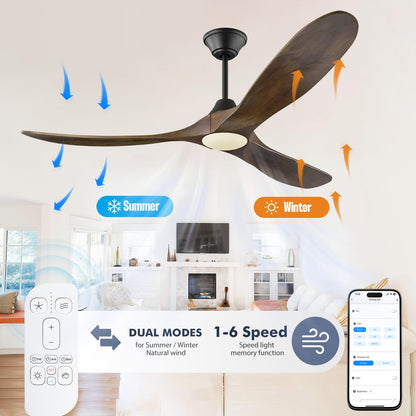 60 Inch Ceiling Fans with Lights, Outdoor Ceiling Fans for Patios with Light Damp Rated, 3 Blades Wood DC Ceiling Fan Modern Large Airflow Commercial Ceiling Fan with Remote & APP for Exterior Indoor