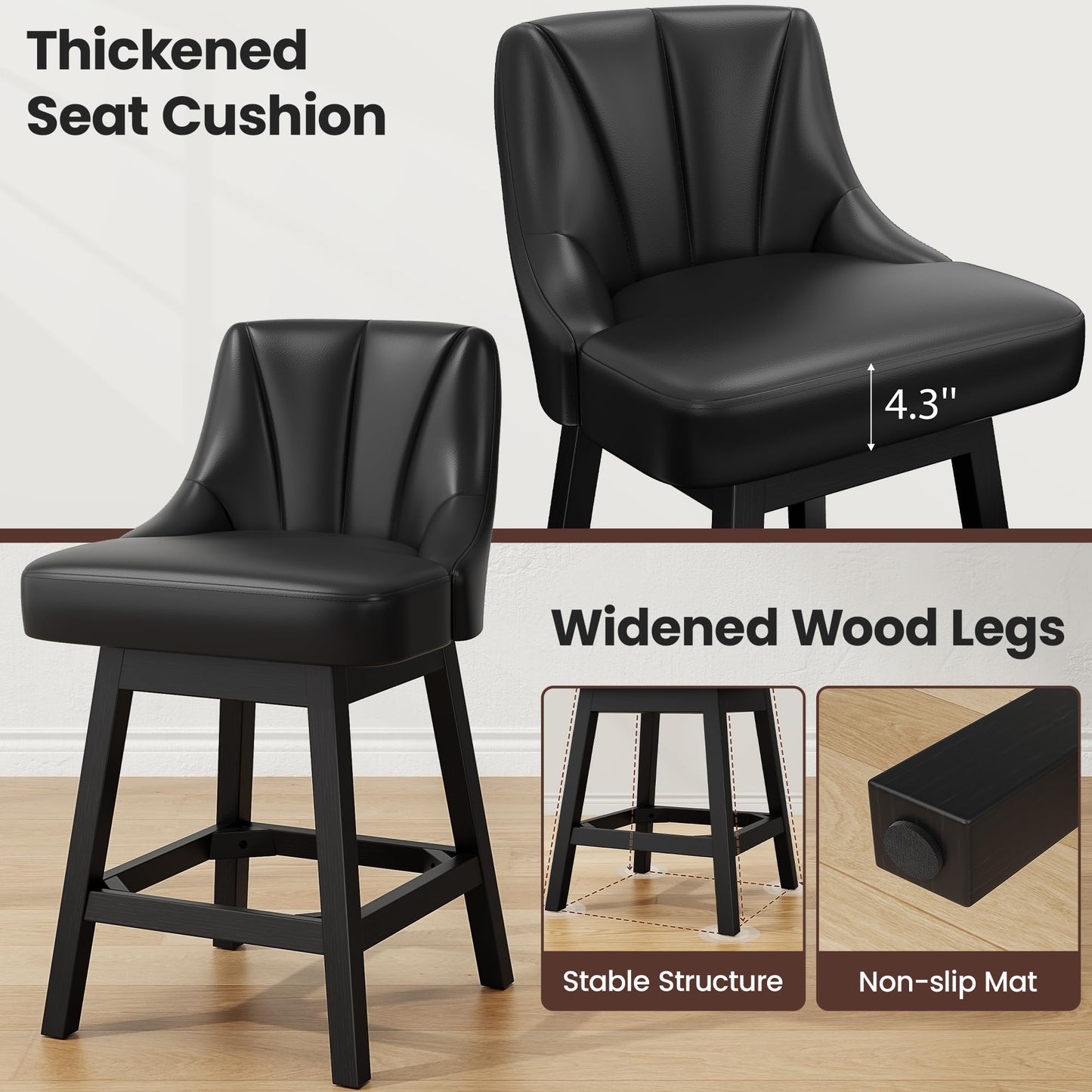 REONEY Swivel Bar Stools Set of 4, 26inch PU Leather Upholstered Counter Height Barstools, Modern Kitchen Island Chairs with Back and Solid Wood Legs for Home Bar, Black