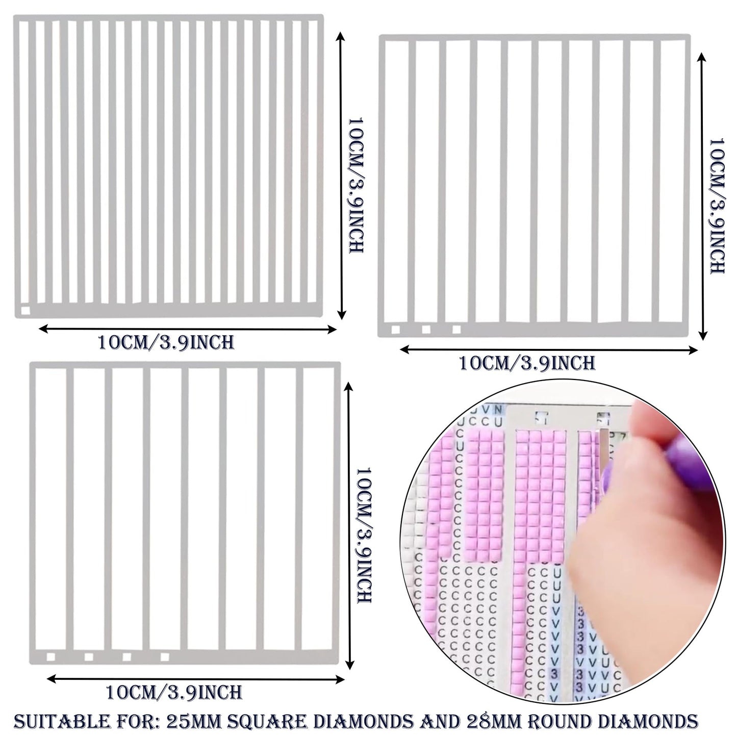 Diamond Painting Ruler Stainless Steel Diamond Art Ruler Alignment, Diamond Painting Guide Tools (Square-3Pcs(1,3,4 Rows))