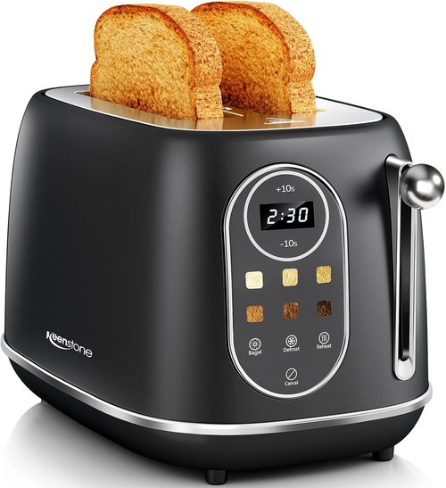 Keenstone 2-Slice Smart Touch Screen Toaster - Retro Stainless Steel with 6 Browning Levels & Removable Crumb Tray | Black