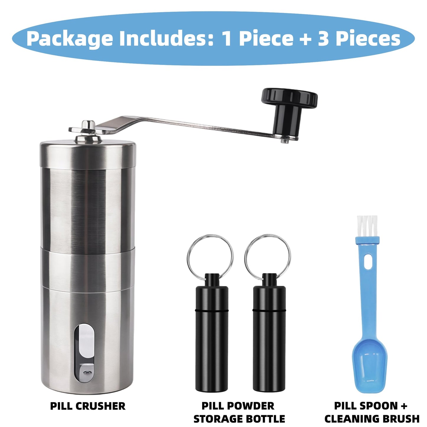 Pill Crusher Stainless Steel with Ceramic Burr for Fine Powder Grinding | Adjustable Manual Grinder for Elderly Care, Feeding Tube & Pet Pills
