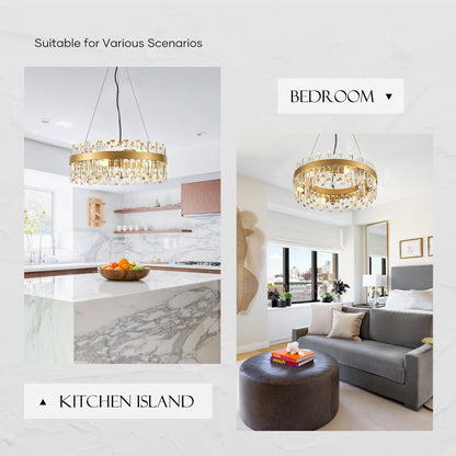 lighceac 21.7" Gold Modern Crystal Chandelier Light Fixtures Luxury 2 Rings Crystal Chandeliers for Dining Room 12-Light Round Hanging Pendant Lighting for Living Room Kitchen Island Entryway Bedroom