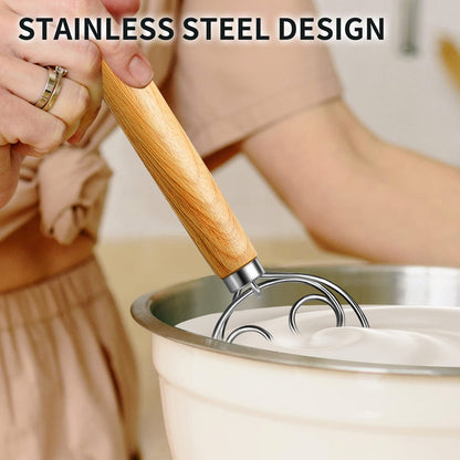 TEEVEA Danish Dough Whisk Stainless Steel Wooden Handle for Sourdough Pizza Bread Baking