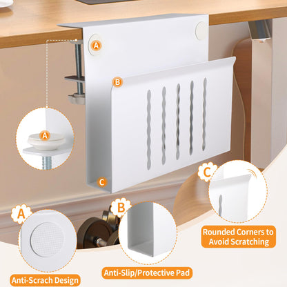 Desk Side Storage Under Desk Laptop Holder, No Drill Hanging Desk Organizer with Pen Holder, Clamp-On Table Side Tray Desktop Organization Mount for Office and Home (White)