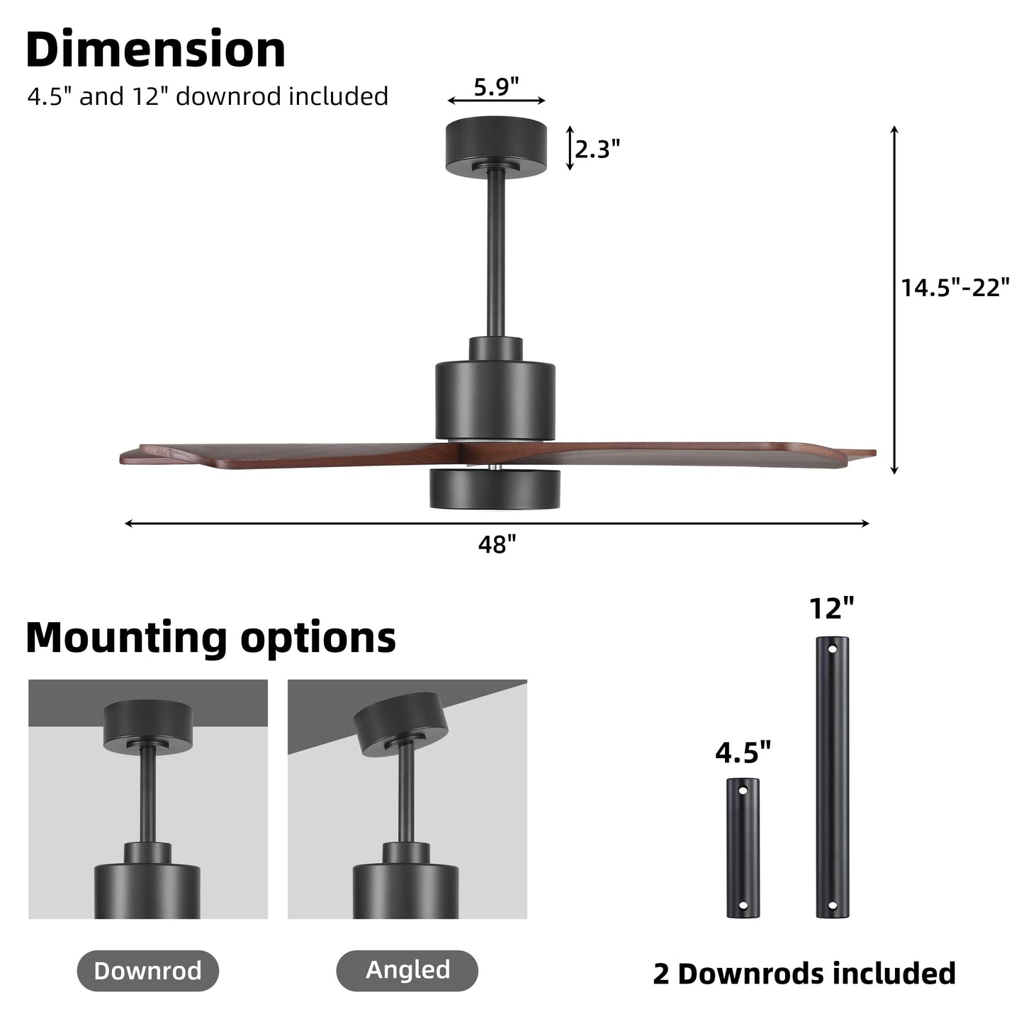 WINGBO 48 Inch DC Ceiling Fan with Lights and Remote Control, 5 Carved Solid Wood Blades, 6-Speed Noiseless Reversible DC Motor, Indoor Ceiling Fan in Matte Black Finish with Walnut Blades