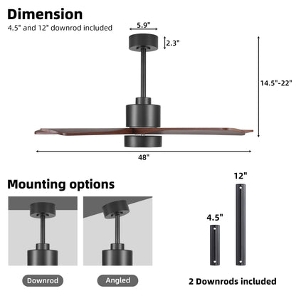 WINGBO 48 Inch DC Ceiling Fan with Lights and Remote Control, 5 Carved Solid Wood Blades, 6-Speed Noiseless Reversible DC Motor, Indoor Ceiling Fan in Matte Black Finish with Walnut Blades