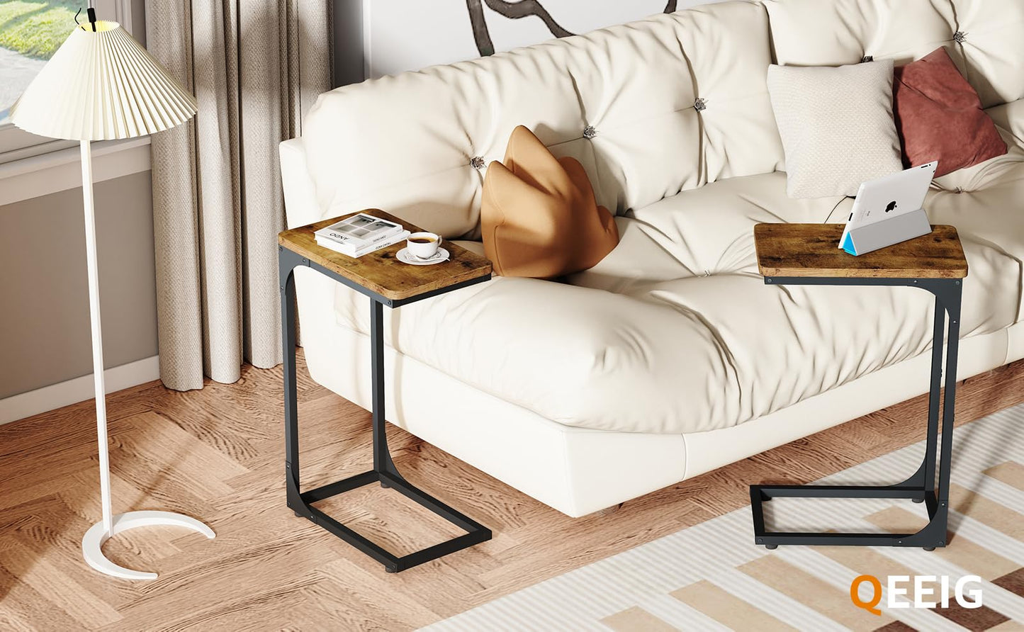 QEEIG Narrow C Shaped Side Table Set of 2 Living Room Sets Slim Couch Tray Tables Skinny Thin Small Farmhouse 9.5 inch Width, Rustic Brown (017-24BN)