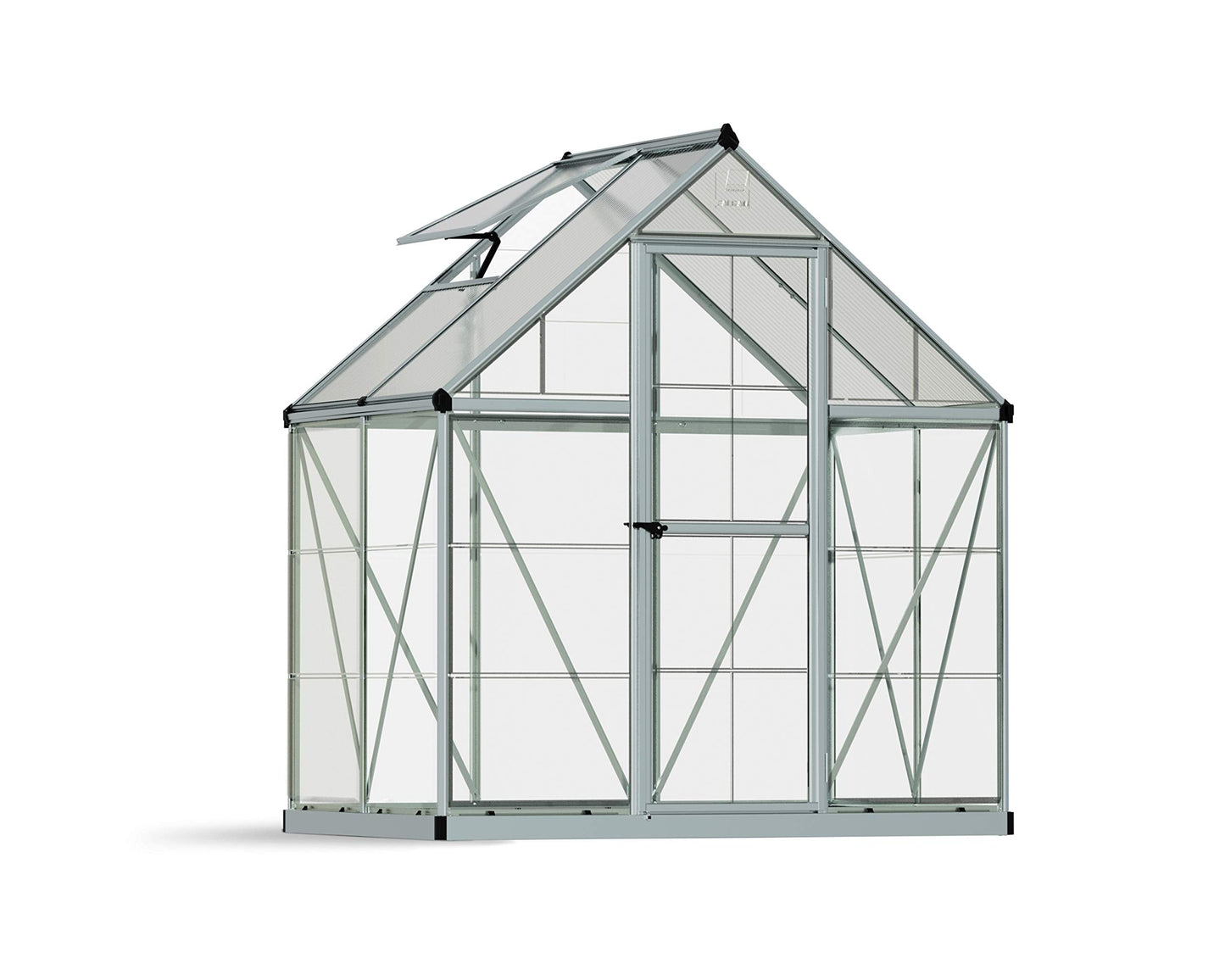 Palram - Canopia 6x4 Greenhouse for Outdoors, Walk-In, UV Polycarbonate Panels, Heavy Duty Aluminum Frame, Lockable Door, Adjustable Roof Vent, Rain Gutters, Galvanized Steel Base, Hybrid (Silver)