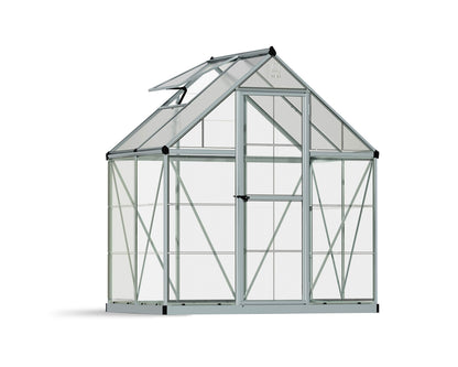 Palram - Canopia 6x4 Greenhouse for Outdoors, Walk-In, UV Polycarbonate Panels, Heavy Duty Aluminum Frame, Lockable Door, Adjustable Roof Vent, Rain Gutters, Galvanized Steel Base, Hybrid (Silver)