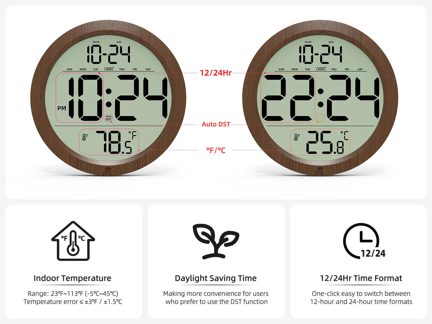 Digital Wall Clock Battery-Operated, 8 Inch Small Decorative Modern Wood Wall Clock with Date, Temperature, Auto-DST, Silent Electric Wall Clock for Bedroom, Living Room, Kitchen, Office, Farmhouse