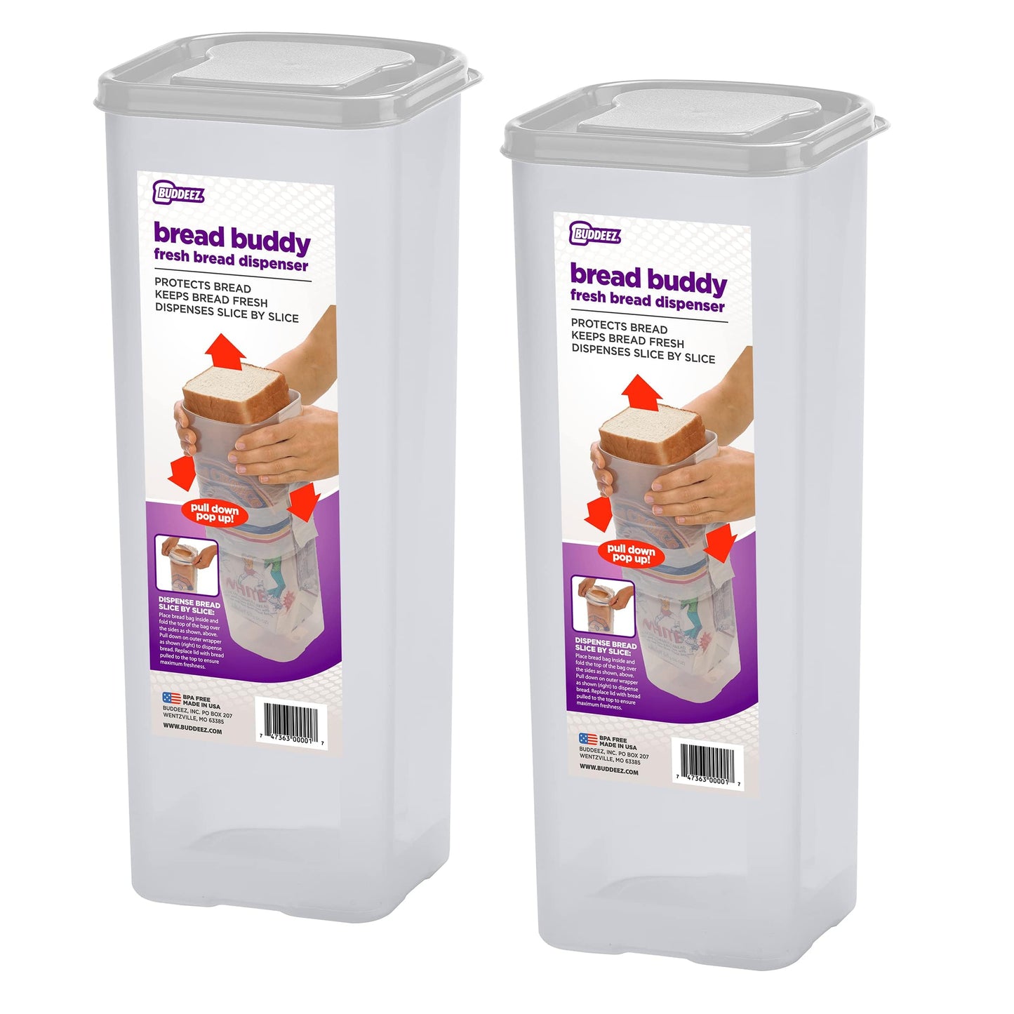 Buddeez Bread Buddy Airtight Bread Storage Container- Slice by Slice Dispensing Design - Perfect Pantry Organizer - White Lid Pack of 2