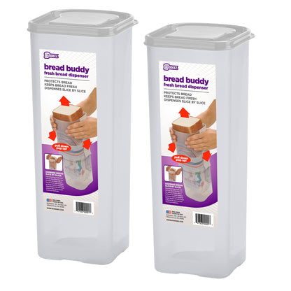 Buddeez Bread Buddy Airtight Bread Storage Container- Slice by Slice Dispensing Design - Perfect Pantry Organizer - White Lid Pack of 2